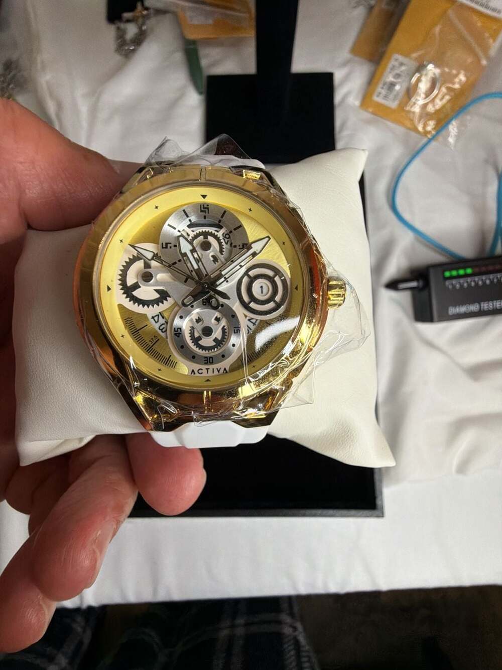 Activa Gold-Tone Skeleton Dial Watch with White Silicone Strap
